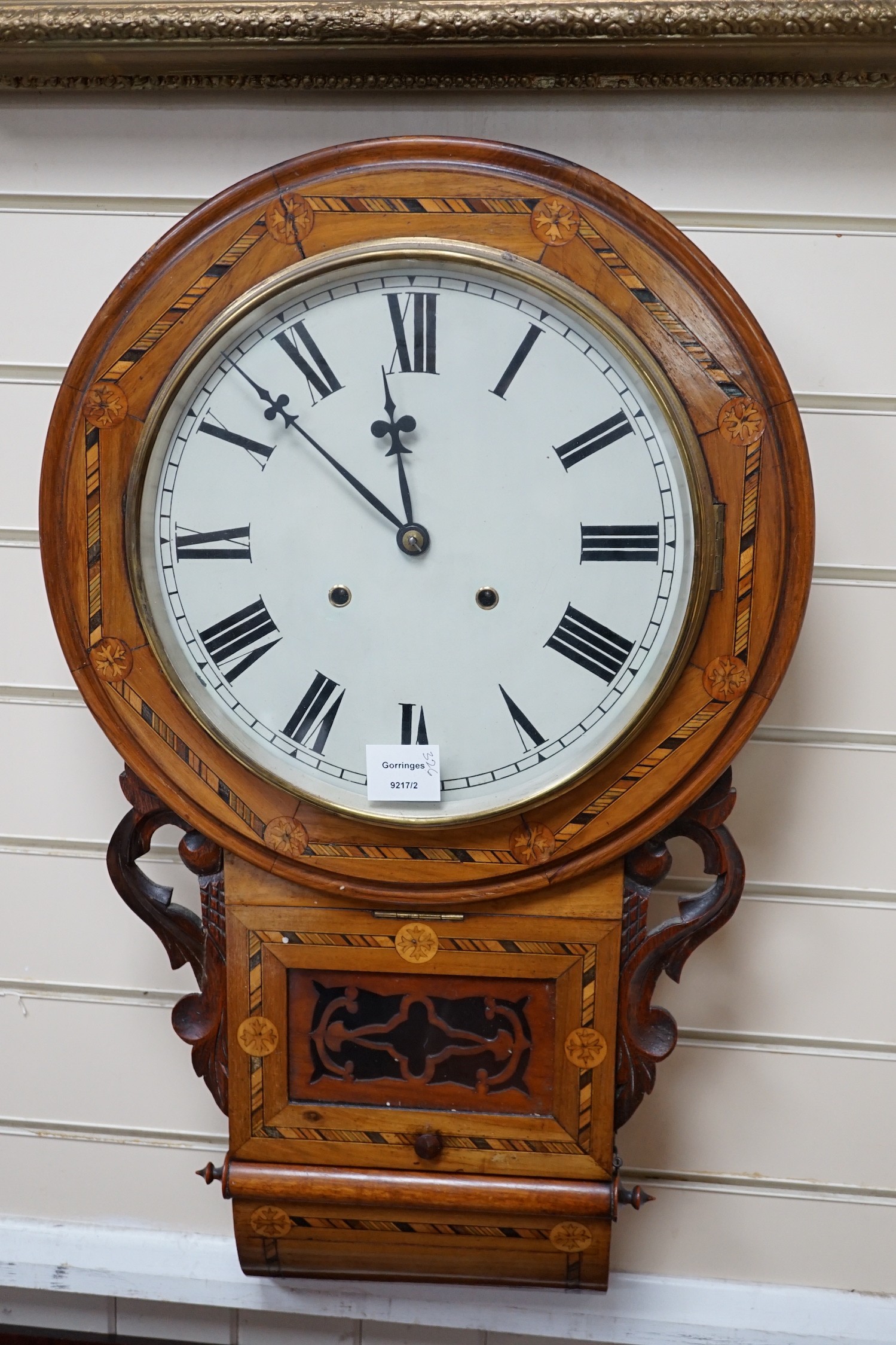 A Victorian parquetry inlaid walnut drop dial wall clock, height 70cm *Please note the sale commences at 9am.